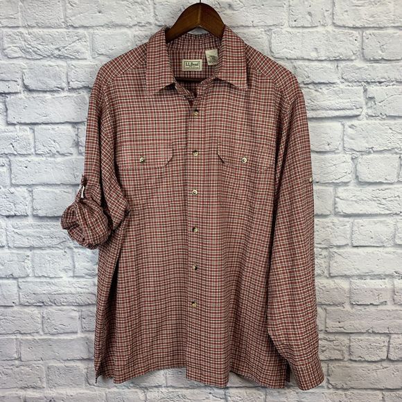 LL Bean Mens Button Tab Roll Up Long Sleeve Red Check Shirt Travel Hiking Large - Picture 3 of 10